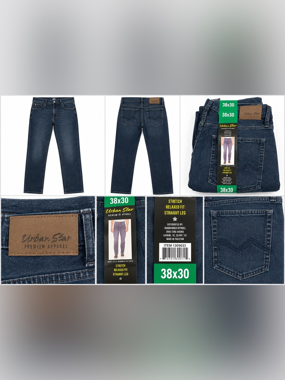 Urban Star  Men's Stretch Relaxed Fit Straight Leg Jeans - Dark Blue 38 x 30